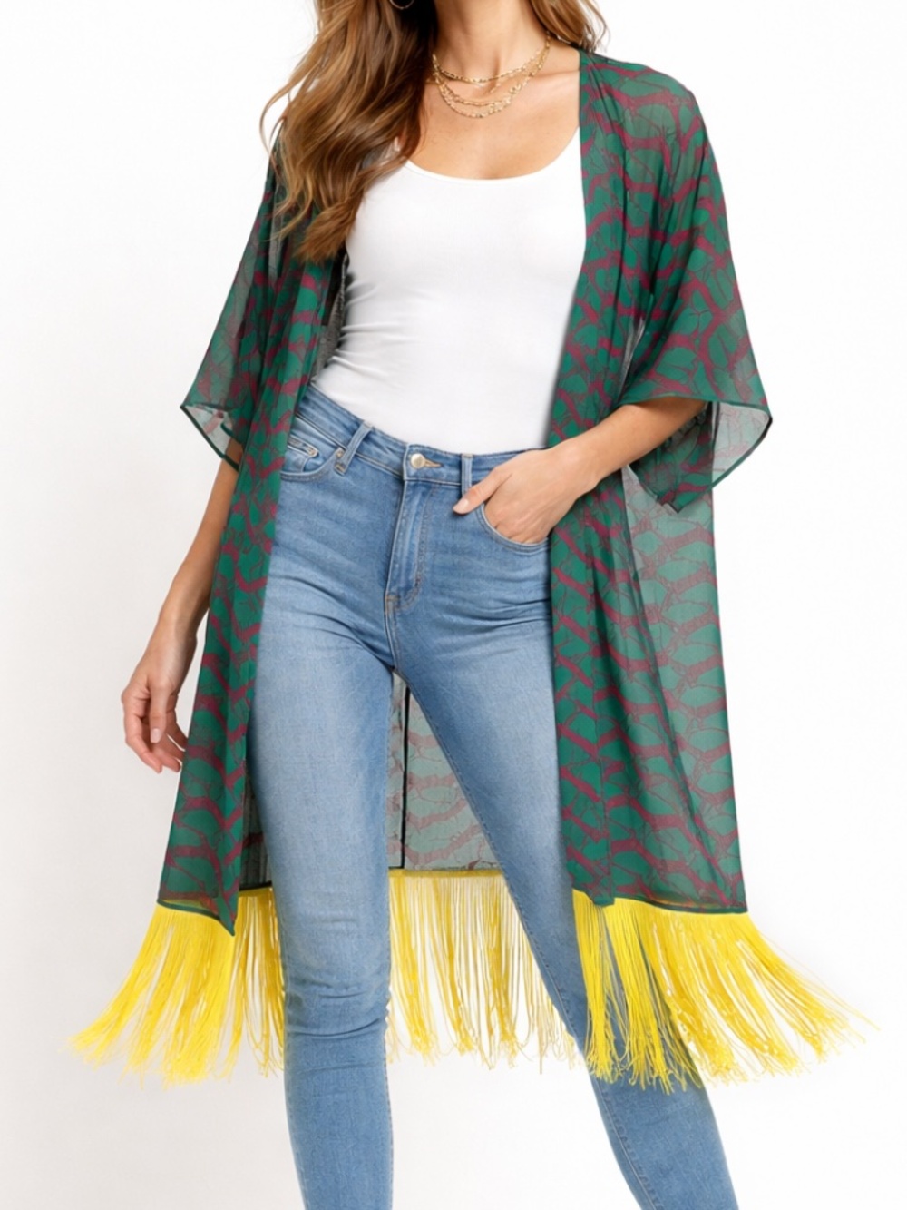 LulaRoe Teal & Magenta Duck Monroe Fringe Kimono Coverup